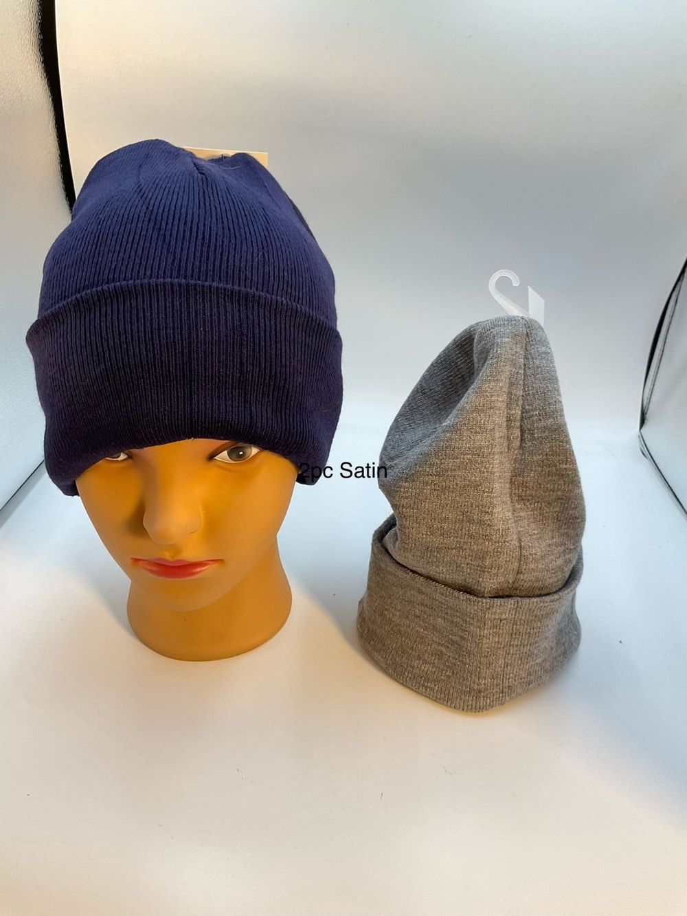 Stretch Satin Knit Beanie Hat - Navy and Gray - Unbranded